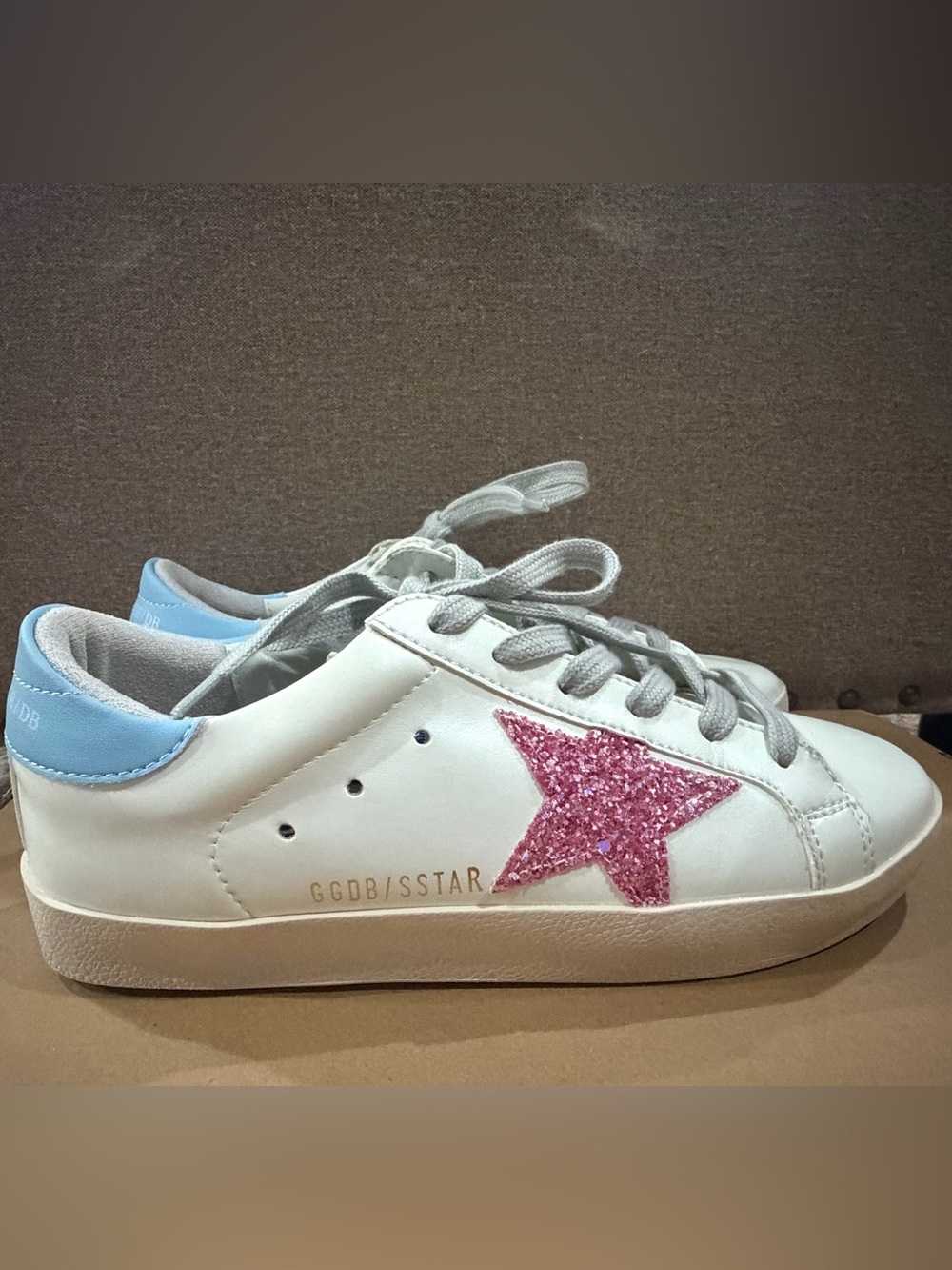 Golden Goose White Sneakers with Pink Glitter Star and Light Blue Heel